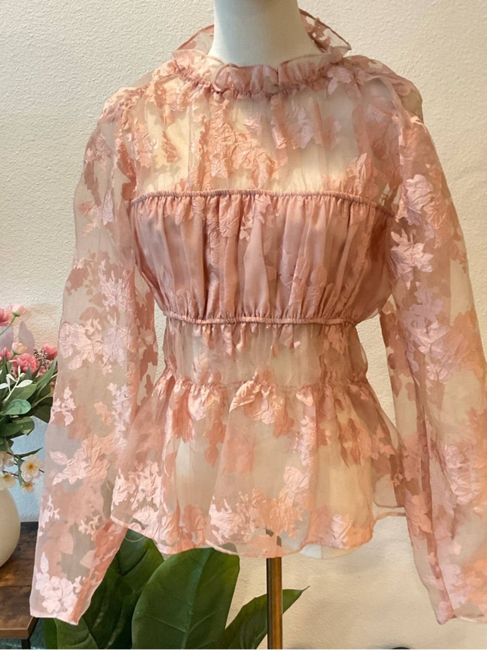 Topshop Sheer Floral Organza Blouse in Blush